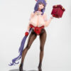 purple-haired female anime figure in red lingerie holding gift box, wearing antlers and high heels