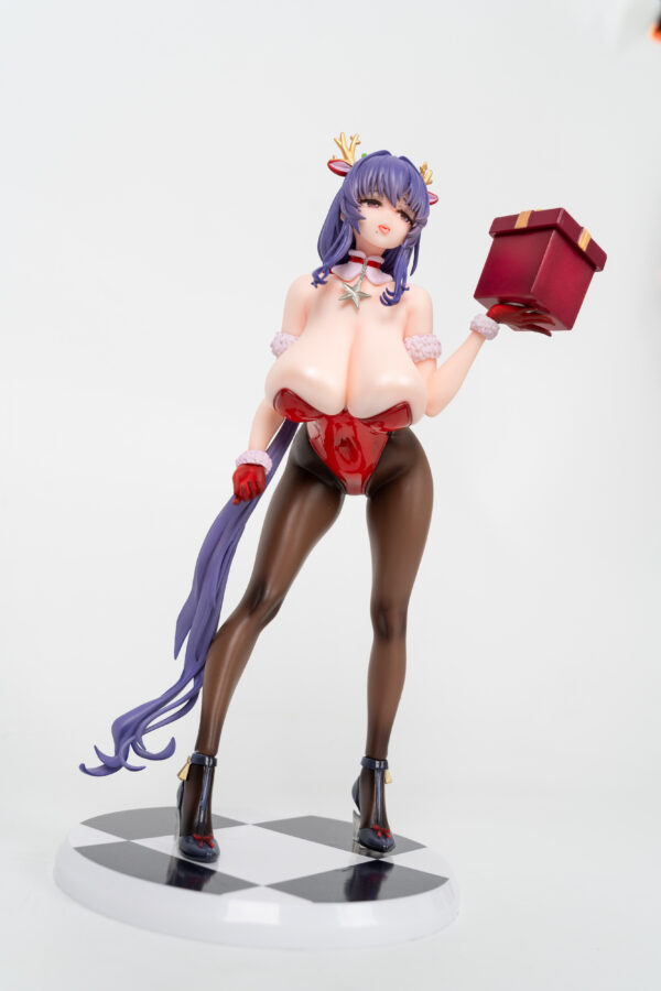 purple-haired female anime figure in red lingerie holding gift box, wearing antlers and high heels