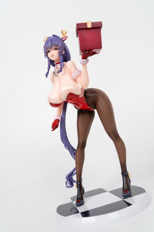 anime figure with purple hair holding red gift box, wearing red lingerie and black stockings