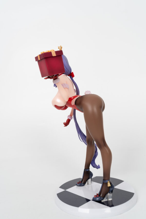 female anime figure with gift box head, red lingerie, high heels, purple hair, bending forward on checkered base