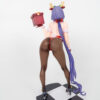 Anime figure with purple hair and red bikini holding gift box, back view on checkered base