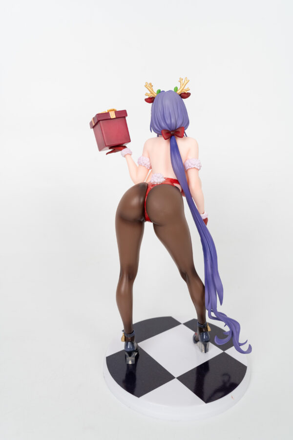 Anime figure with purple hair and red bikini holding gift box, back view on checkered base