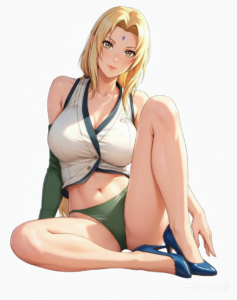 Blonde anime girl sitting in white top and green bikini bottoms with blue high heels