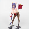 anime female figure with purple hair, deer antlers, holding red gift box, wearing red lingerie and black stockings