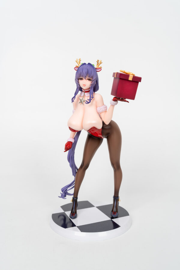 anime female figure with purple hair, deer antlers, holding red gift box, wearing red lingerie and black stockings